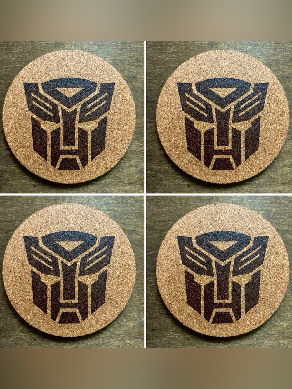 Transformers Autobots Symbol Laser Engraved Cork Coasters Lot of 4